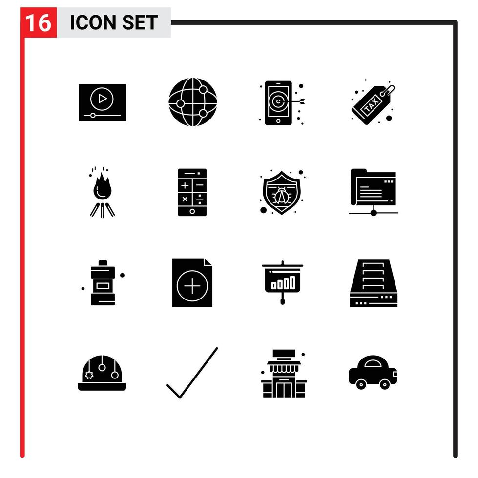 Móvel interface sólido glifo conjunto do 16 pictogramas do fogueira fogo alvo dinheiro dever editável vetor Projeto elementos