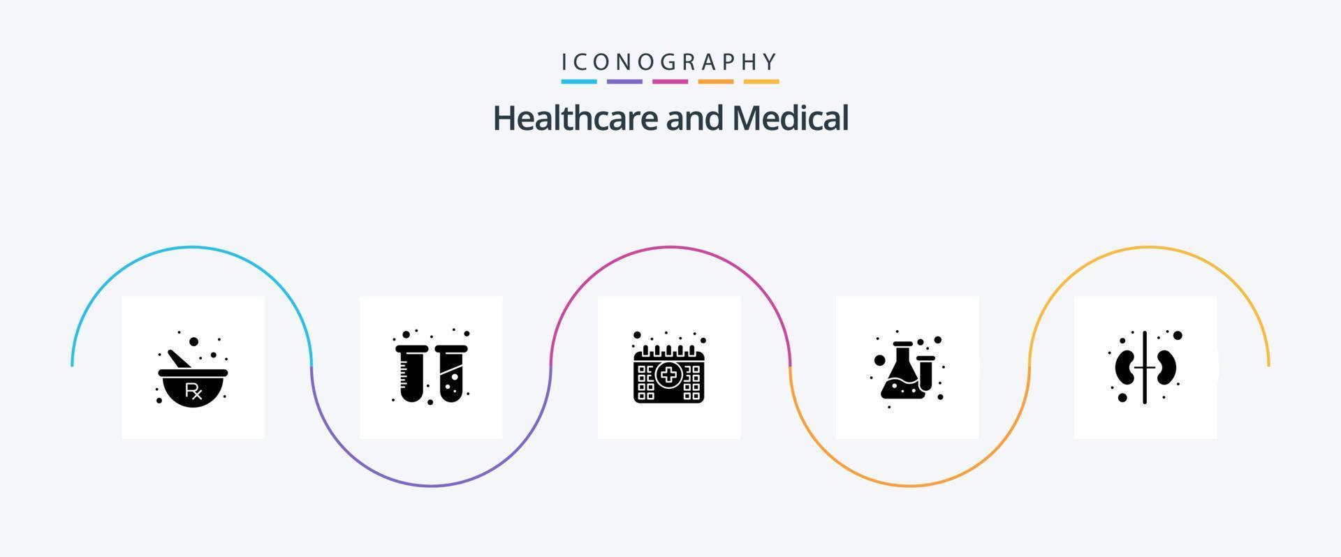 médico glifo 5 ícone pacote Incluindo humano. laboratório. encontro. laboratório. química vetor