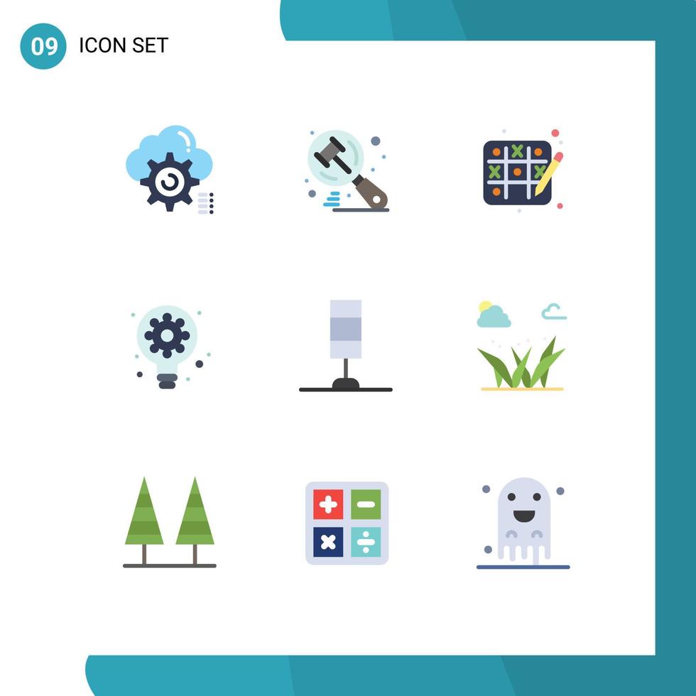 Móvel interface plano cor conjunto do 9 pictogramas do luminária engrenagem juiz lâmpada criativo editável vetor Projeto elementos
