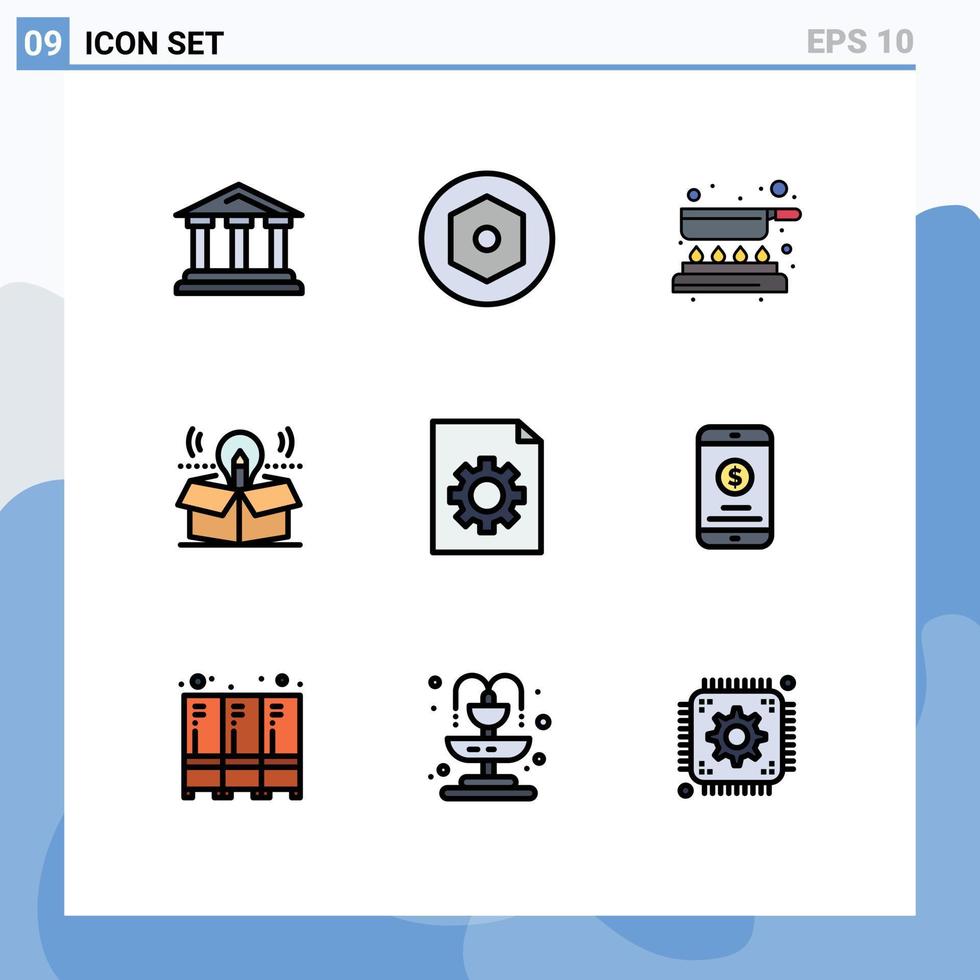 moderno conjunto do 9 linha preenchida plano cores pictograma do ao controle idéia cozinhar lâmpada caixa editável vetor Projeto elementos