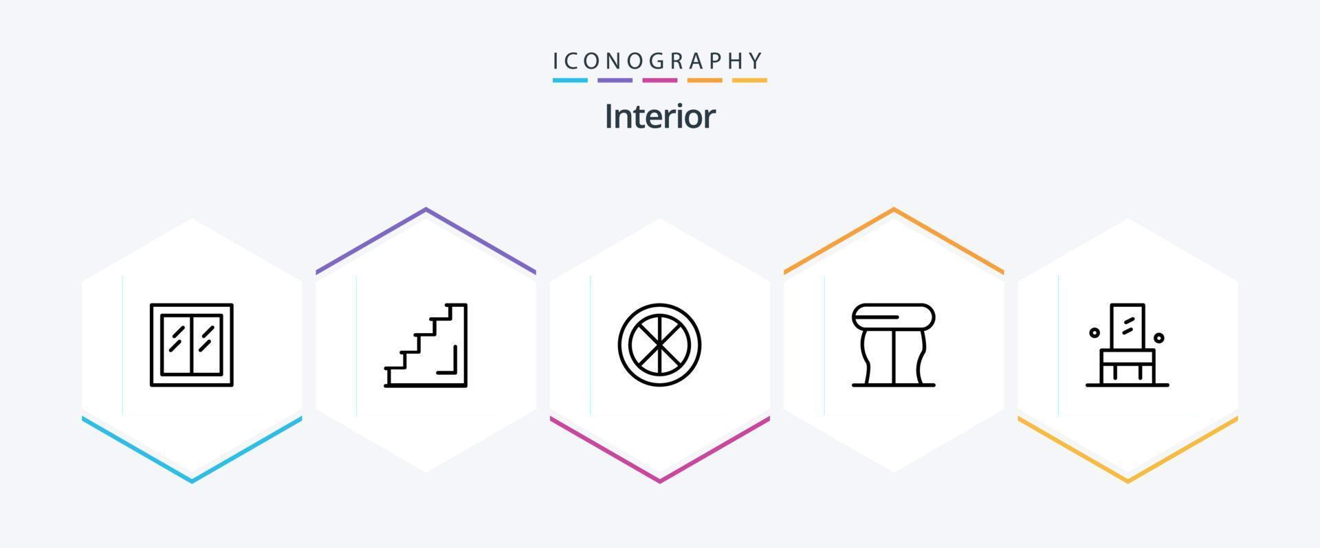 interior 25 linha ícone pacote Incluindo cadeira. interior. escadaria. mobiliário. interior vetor