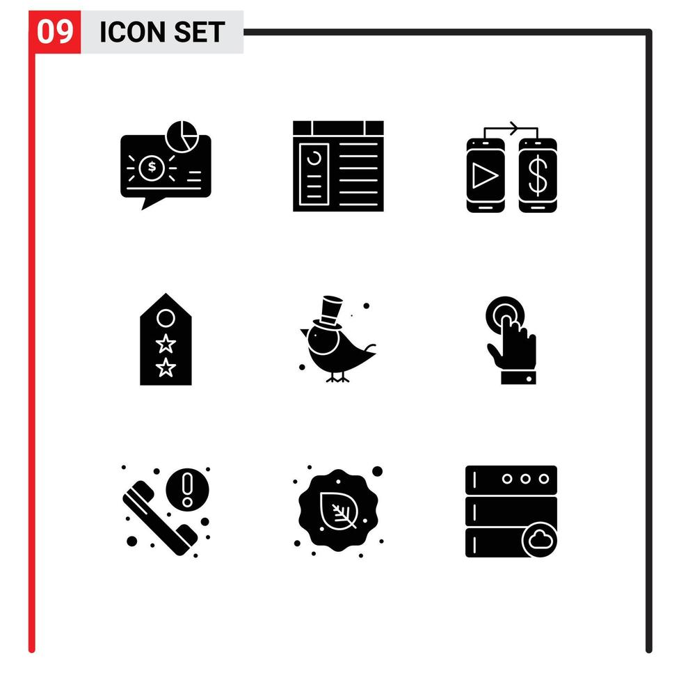 Móvel interface sólido glifo conjunto do 9 pictogramas do pássaro tag local na rede Internet Estrela militares editável vetor Projeto elementos