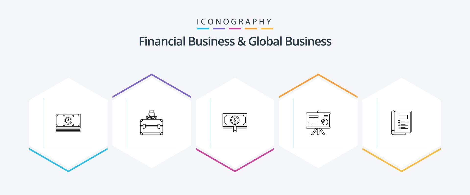 financeiro o negócio e global o negócio 25 linha ícone pacote Incluindo livro. projetor. dinheiro. borda. dólar vetor