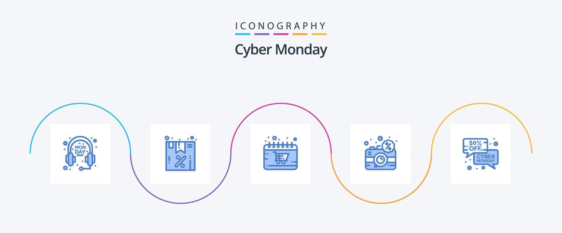 cyber Segunda-feira azul 5 ícone pacote Incluindo desconto. dslr. carrinho. desconto. Câmera vetor
