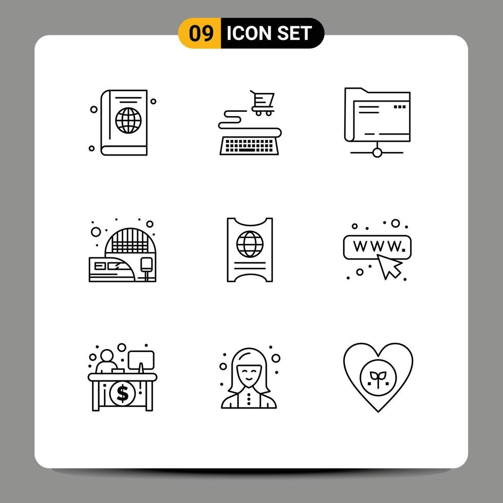 9 esboço conceito para sites Móvel e apps passaporte trem pasta suburbano estrada de ferro estação editável vetor Projeto elementos
