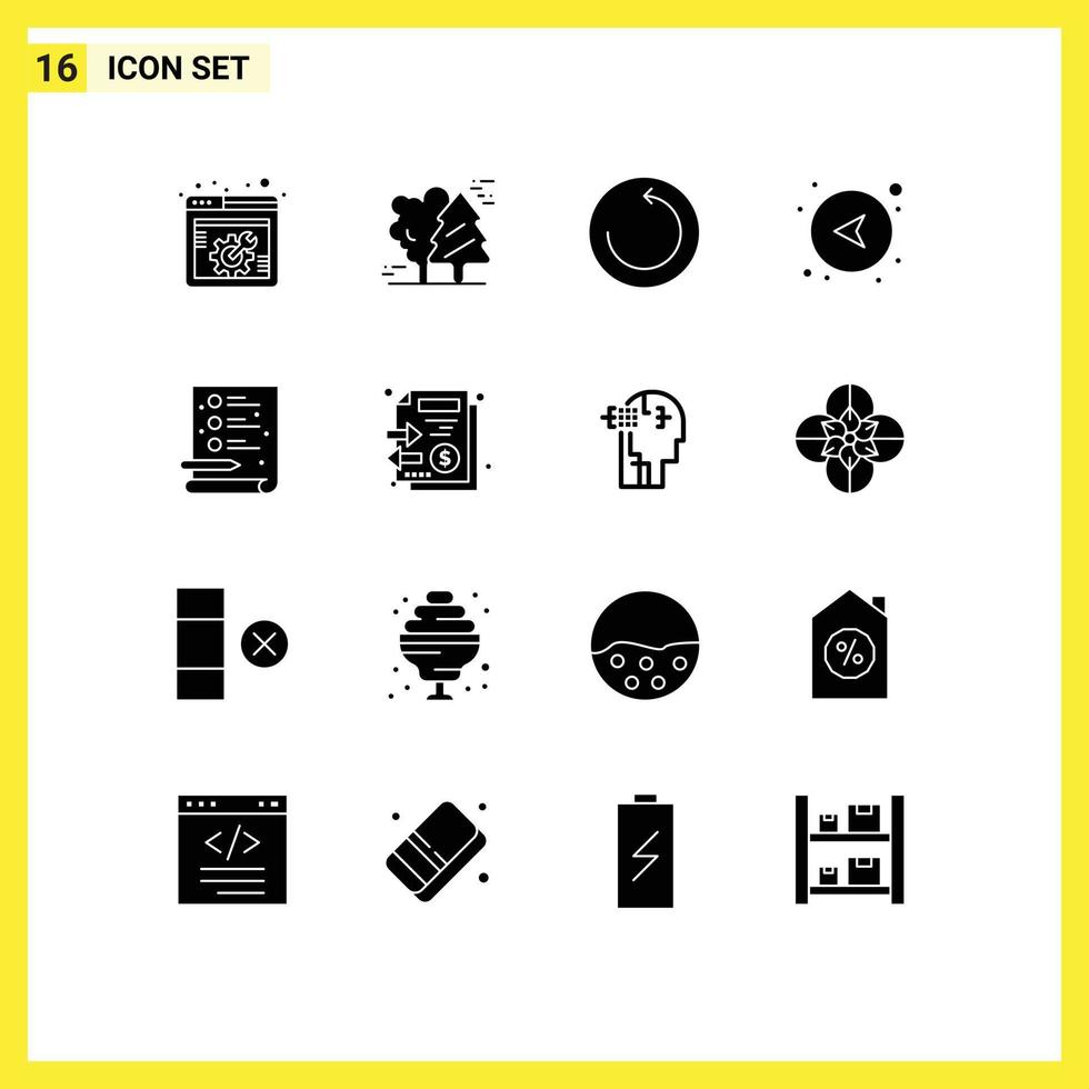 16 sólido glifo conceito para sites Móvel e apps processo esquerda Escandinávia rede Setas; flechas editável vetor Projeto elementos