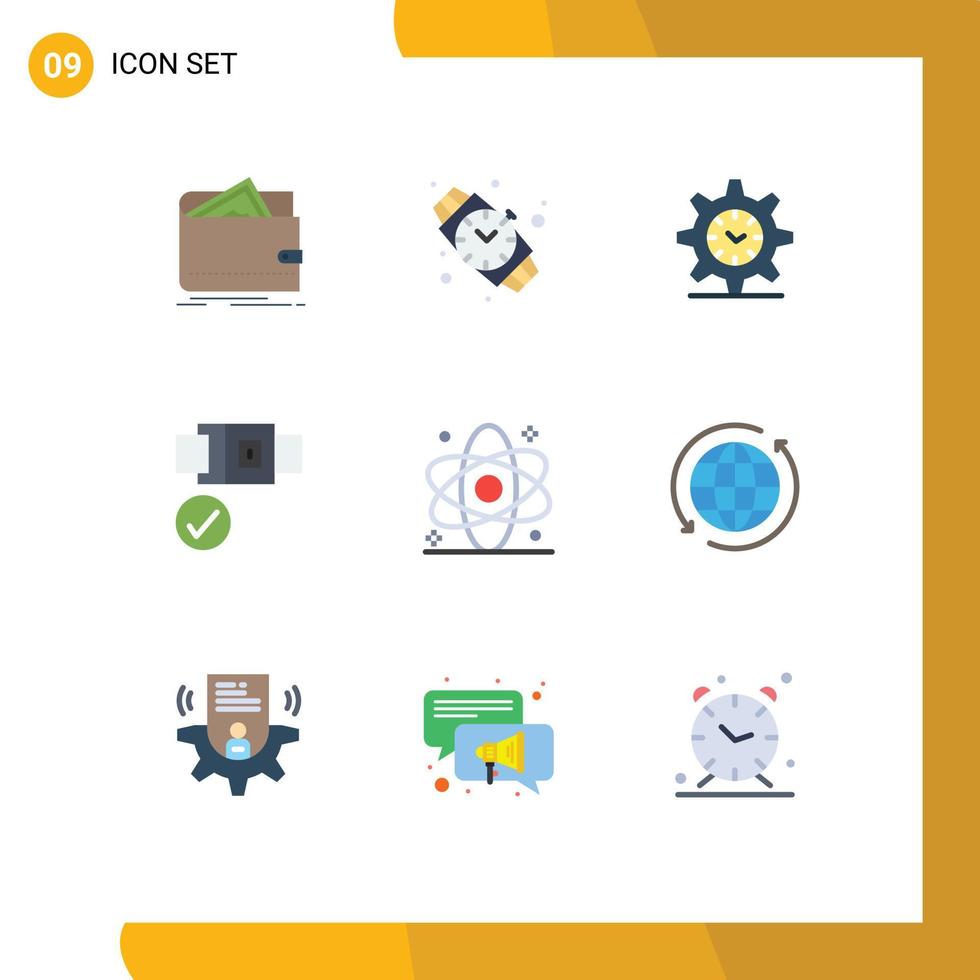 pacote do 9 moderno plano cores sinais e símbolos para rede impressão meios de comunicação tal Como saúde átomo engrenagem segurança cinto editável vetor Projeto elementos
