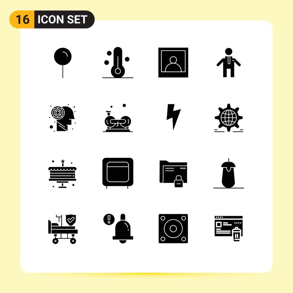 16 do utilizador interface sólido glifo pacote do moderno sinais e símbolos do ginástica ciclismo homem cérebro labirinto editável vetor Projeto elementos