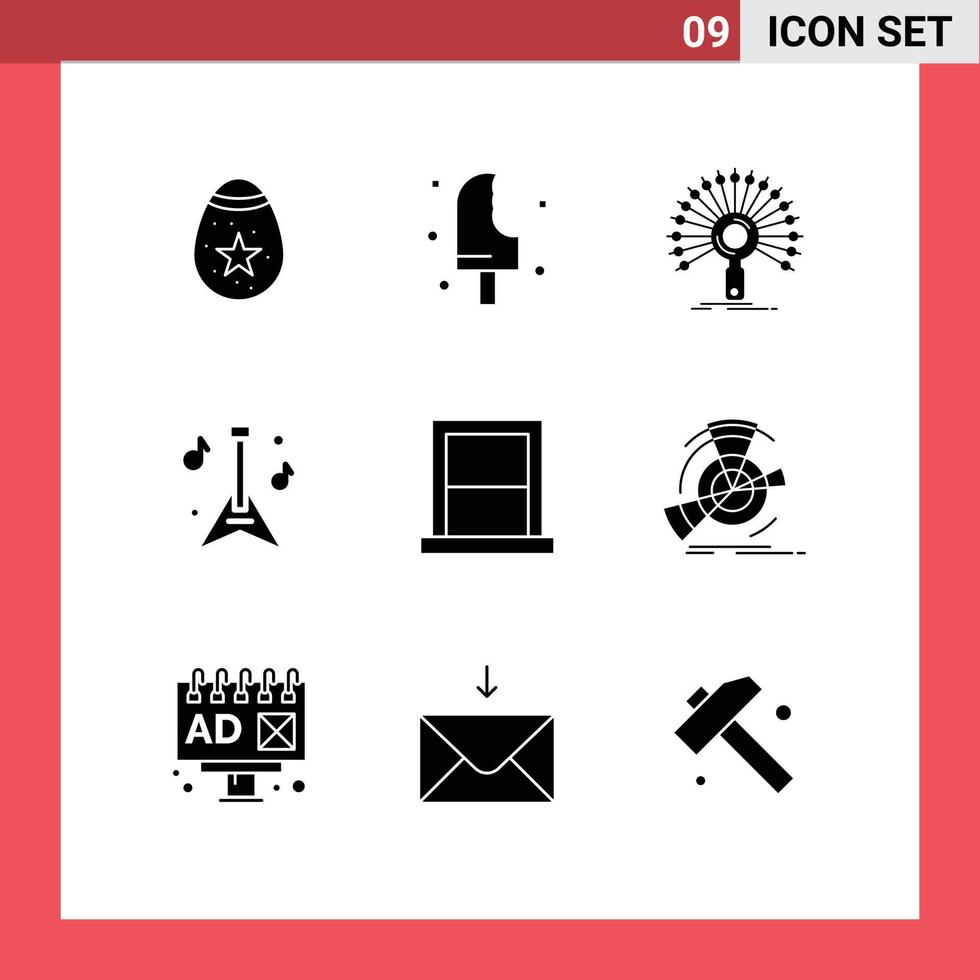 Móvel interface sólido glifo conjunto do 9 pictogramas do eletrodomésticos instrumento verão guitarra rede editável vetor Projeto elementos