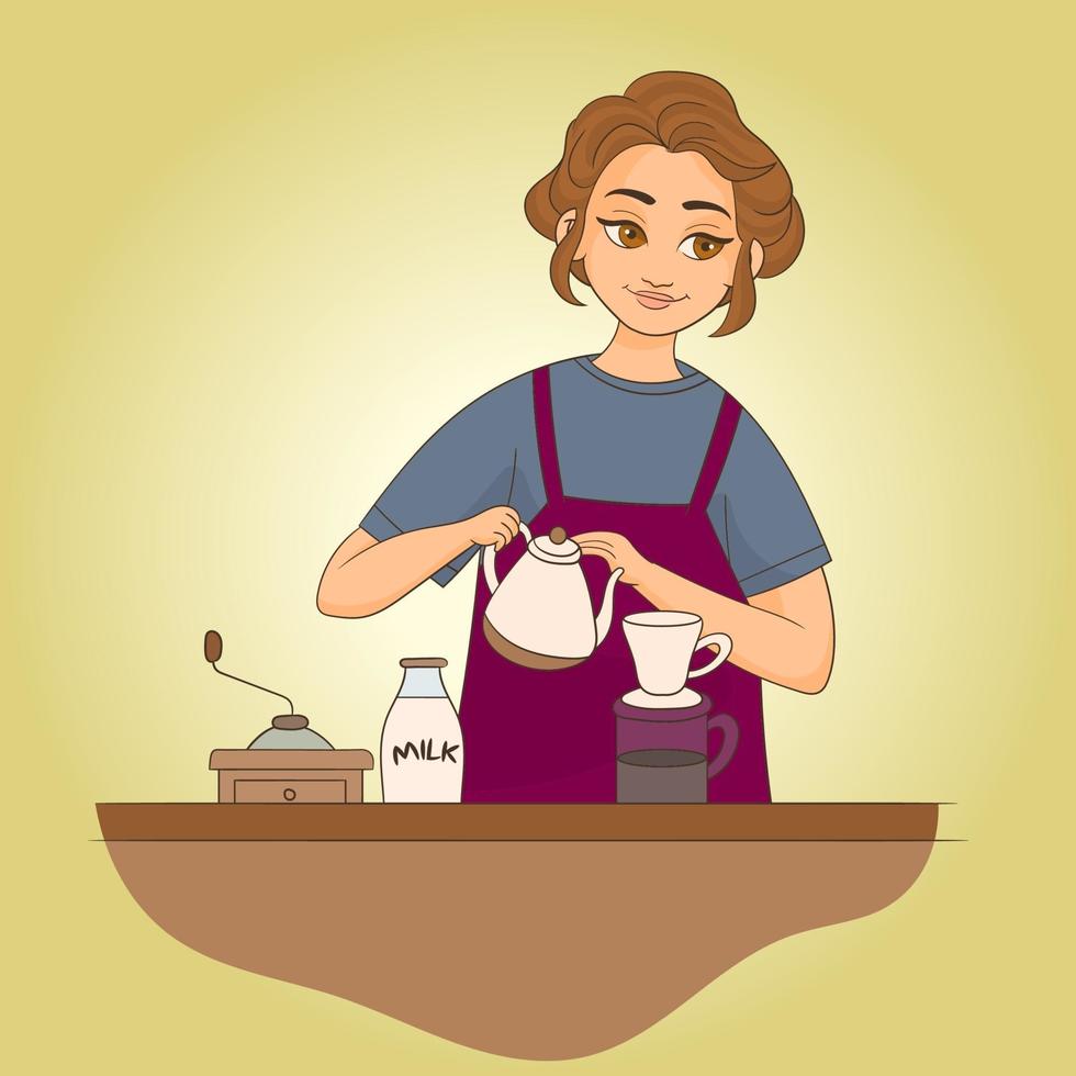 mulher com sorriso faz café na cozinha vetor