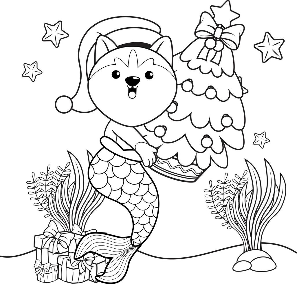 livro de colorir de natal com linda sereia husky vetor
