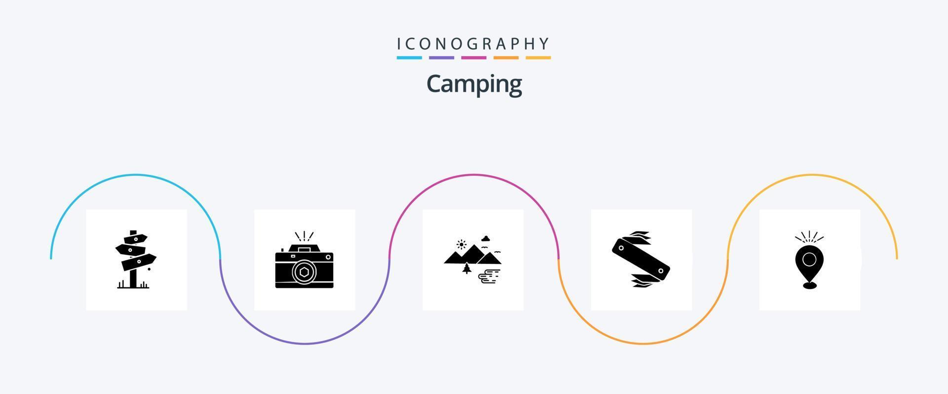 acampamento glifo 5 ícone pacote Incluindo acampamento. faca. foto. Sol. ao ar livre vetor