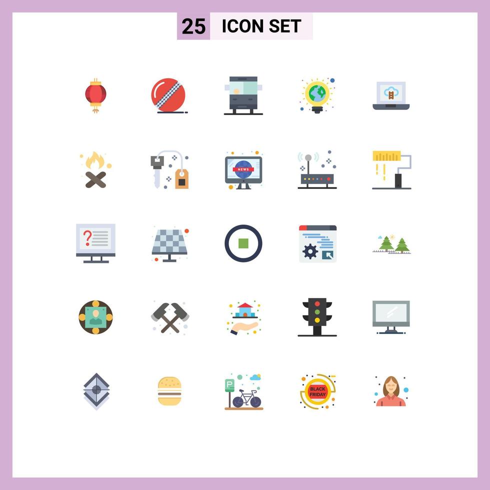 Móvel interface plano cor conjunto do 25 pictogramas do computador portátil terra ônibus luz lâmpada eco editável vetor Projeto elementos