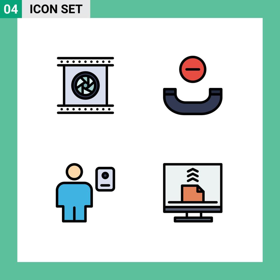 linha preenchida plano cor pacote do 4 universal símbolos do Câmera lentes corpo fotográfico objetivo aparelho portátil humano editável vetor Projeto elementos