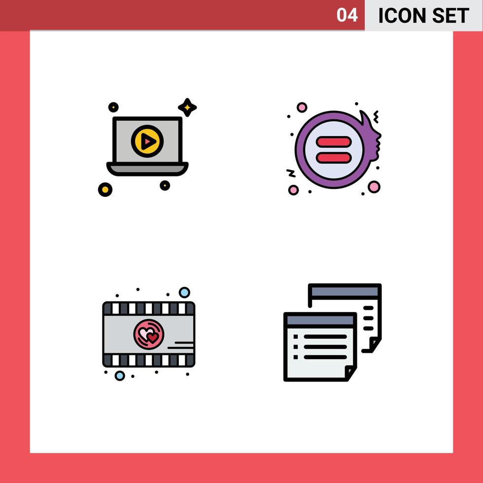 4 criativo ícones moderno sinais e símbolos do computador portátil vídeo jogador igualdade justiça notas editável vetor Projeto elementos