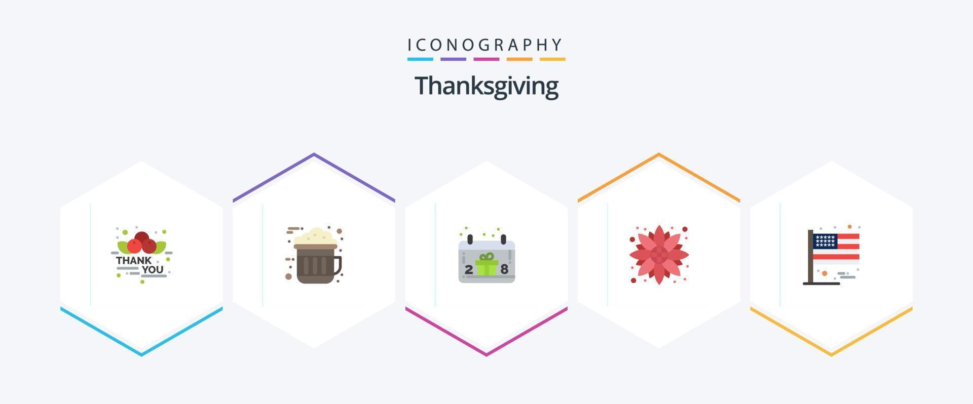 Ação de graças 25 plano ícone pacote Incluindo bandeira. Ação de graças. calendário. girassol. outono vetor