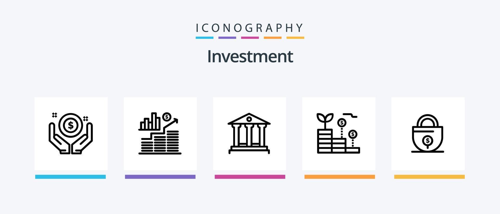 investimento linha 5 ícone pacote Incluindo investimento. dinheiro. alvo. investimento. finança. criativo ícones Projeto vetor