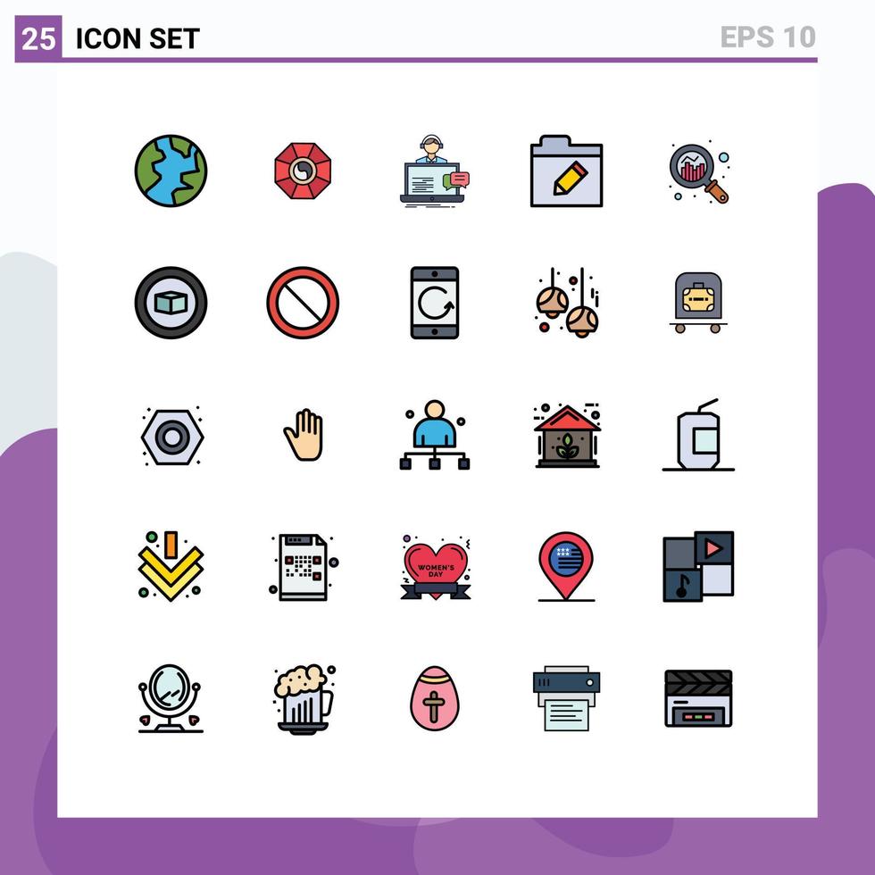 Móvel interface preenchidas linha plano cor conjunto do 25 pictogramas do procurar análise bate-papo renomear editar editável vetor Projeto elementos