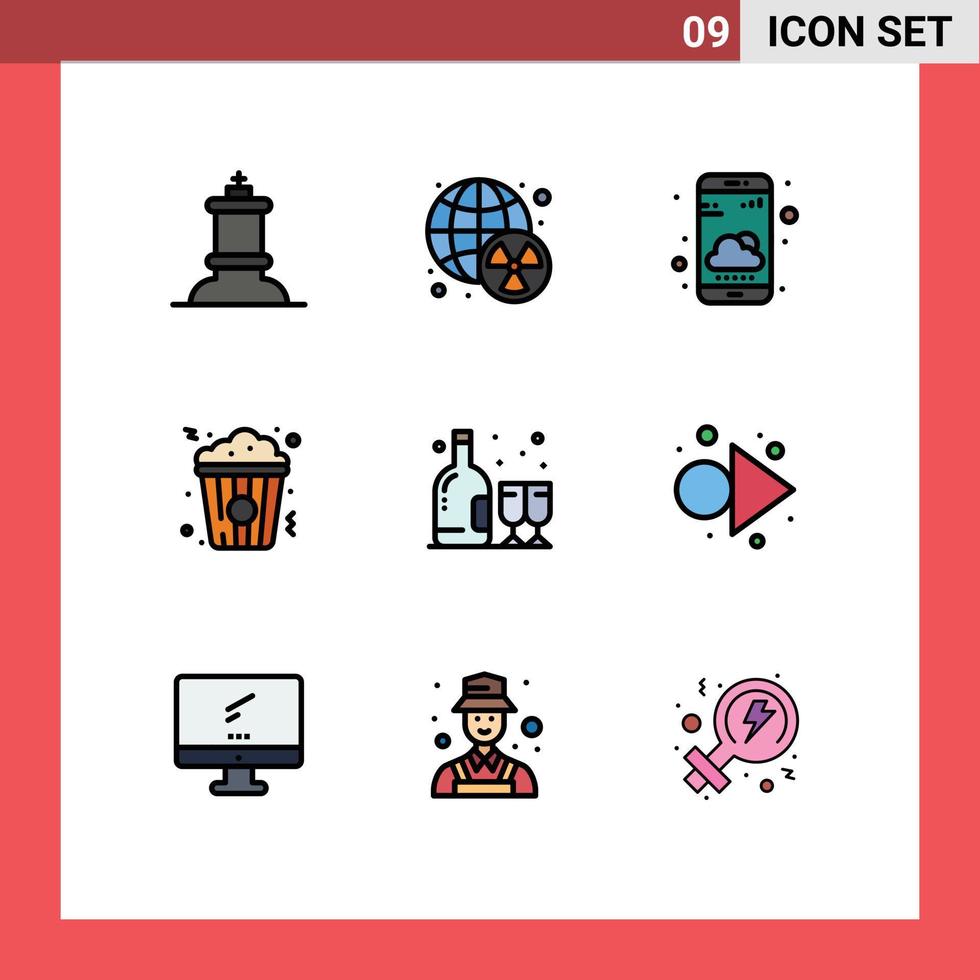 9 temático vetor linha preenchida plano cores e editável símbolos do vidro álcool Smartphone Comida cinema editável vetor Projeto elementos