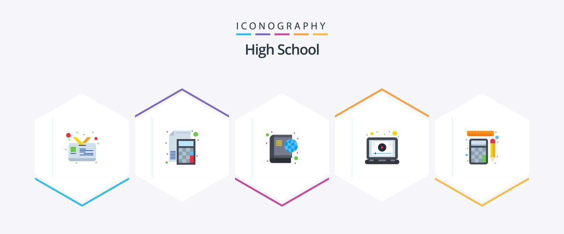 Alto escola 25 plano ícone pacote Incluindo ferramentas. tela. livro. tutorial. lição vetor