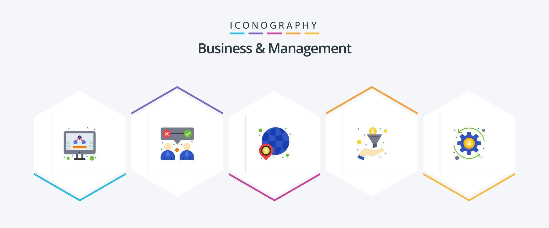 o negócio e gestão 25 plano ícone pacote Incluindo dinheiro. organizar. dólar. funil. mundo vetor