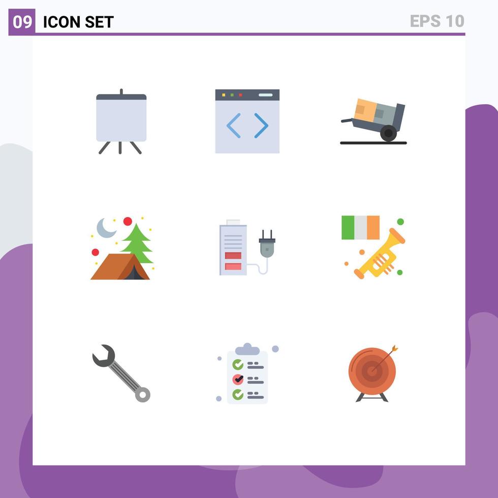 Móvel interface plano cor conjunto do 9 pictogramas do plugue bateria carrinho de mão acumulador acampamento editável vetor Projeto elementos