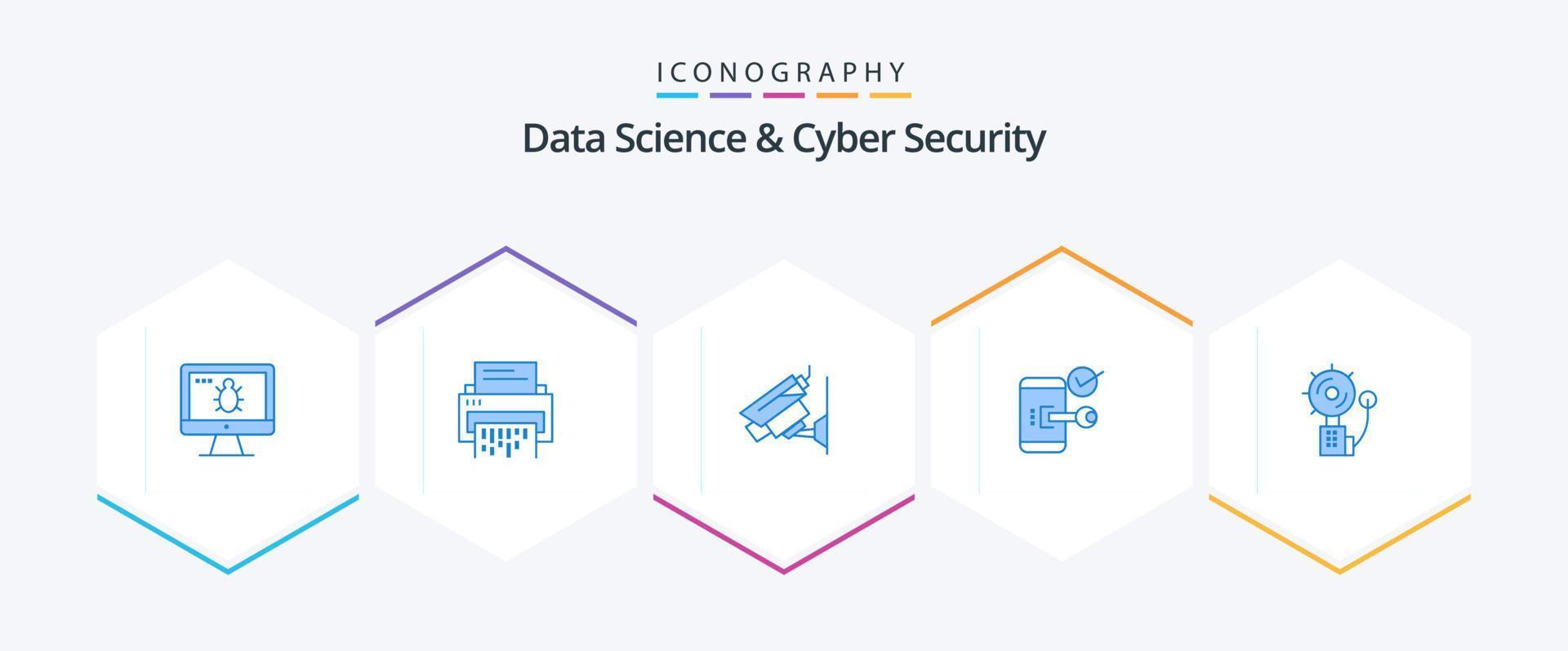 dados Ciência e cyber segurança 25 azul ícone pacote Incluindo móvel. chave. arquivo. vigilância. cctv vetor