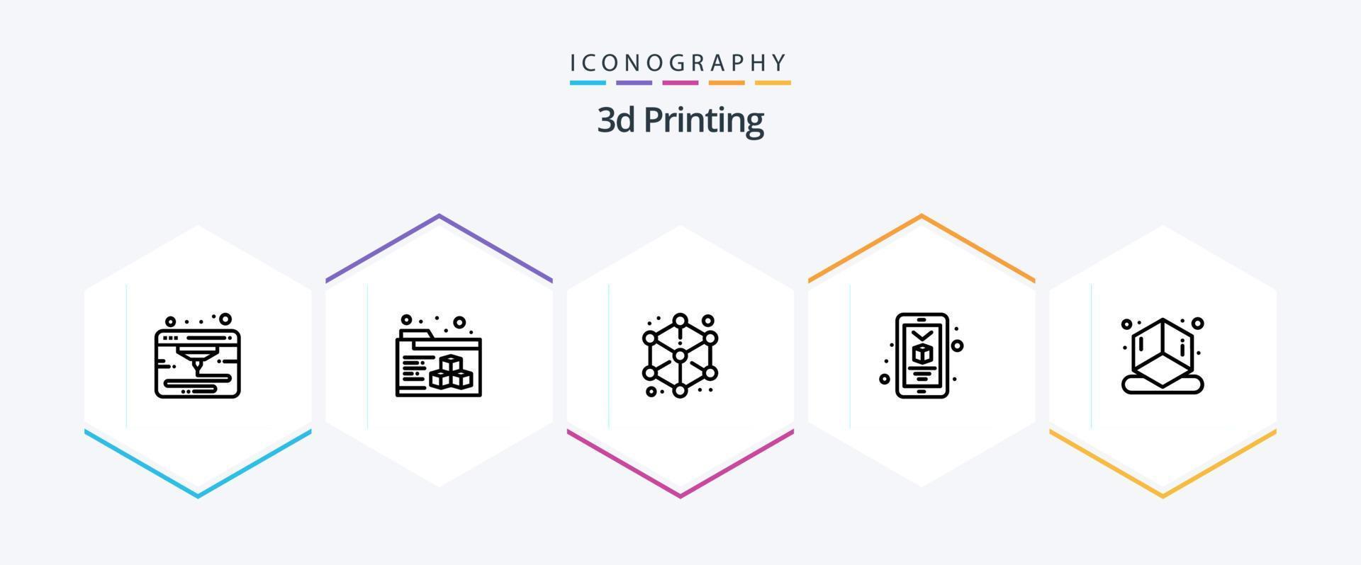 3d impressão 25 linha ícone pacote Incluindo forma. cubo. Projeto. 3d. impressão vetor