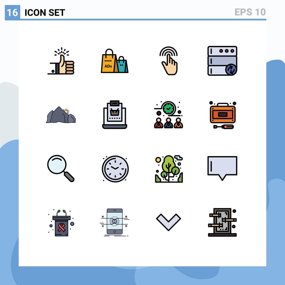 Móvel interface plano cor preenchidas linha conjunto do 16 pictogramas do sincronizar base de dados compras de Anúncios toque mão editável criativo vetor Projeto elementos
