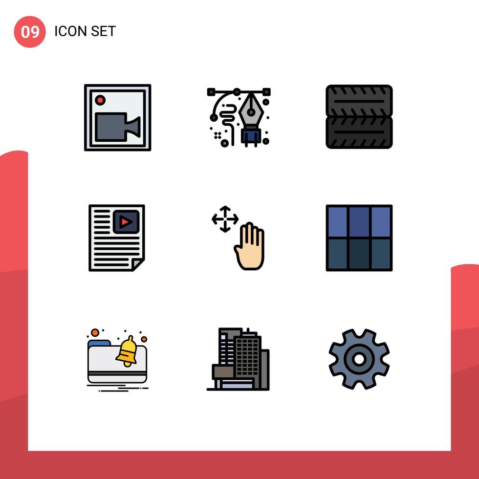pictograma conjunto do 9 simples linha preenchida plano cores do mão cursor vídeo lápis relatório página editável vetor Projeto elementos