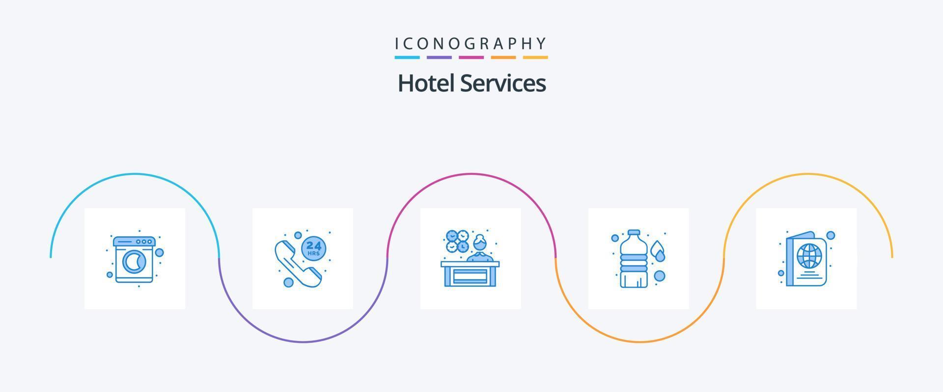 hotel Serviços azul 5 ícone pacote Incluindo viagem. Passaporte. fêmea gerente. água derrubar. garrafa vetor