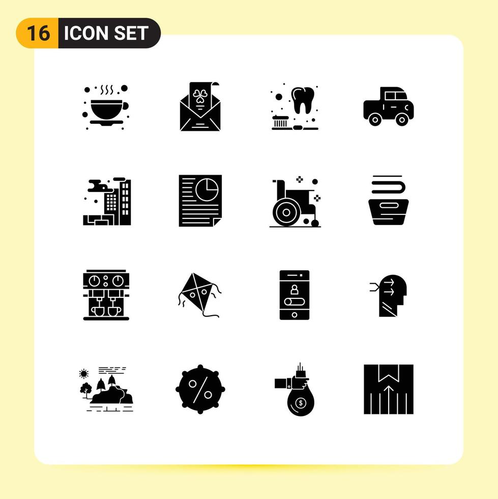 16 sólido glifo conceito para sites Móvel e apps dados gás escova cidade jipe editável vetor Projeto elementos