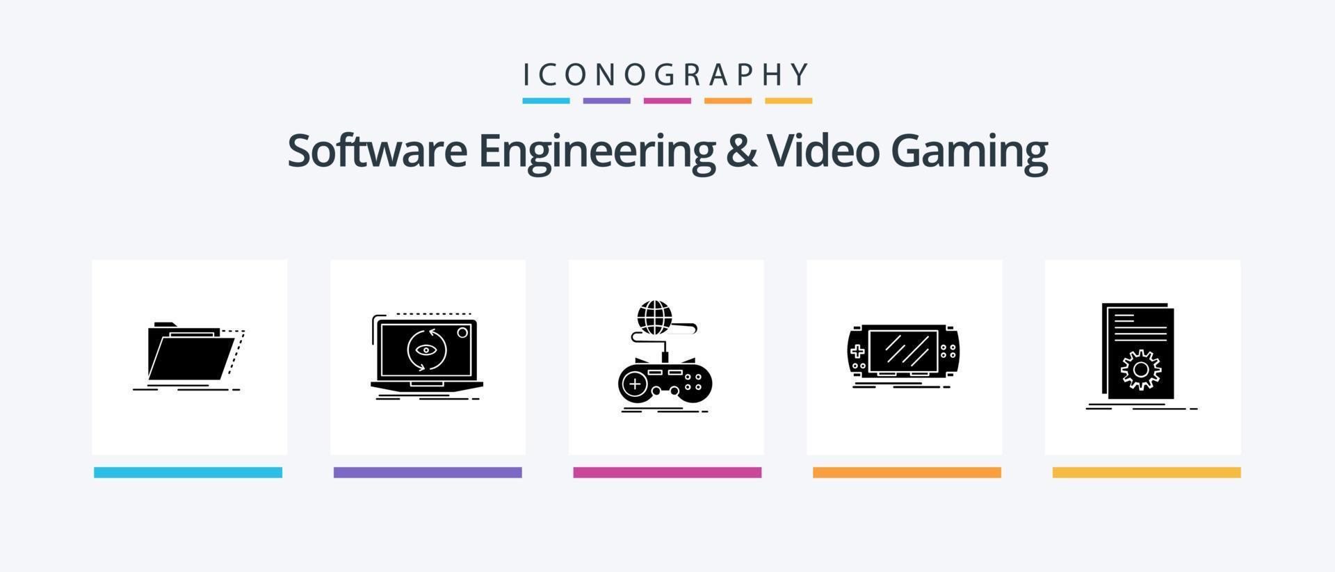 Programas Engenharia e vídeo jogos glifo 5 ícone pacote Incluindo jogo. console. Programas. on-line. Internet. criativo ícones Projeto vetor