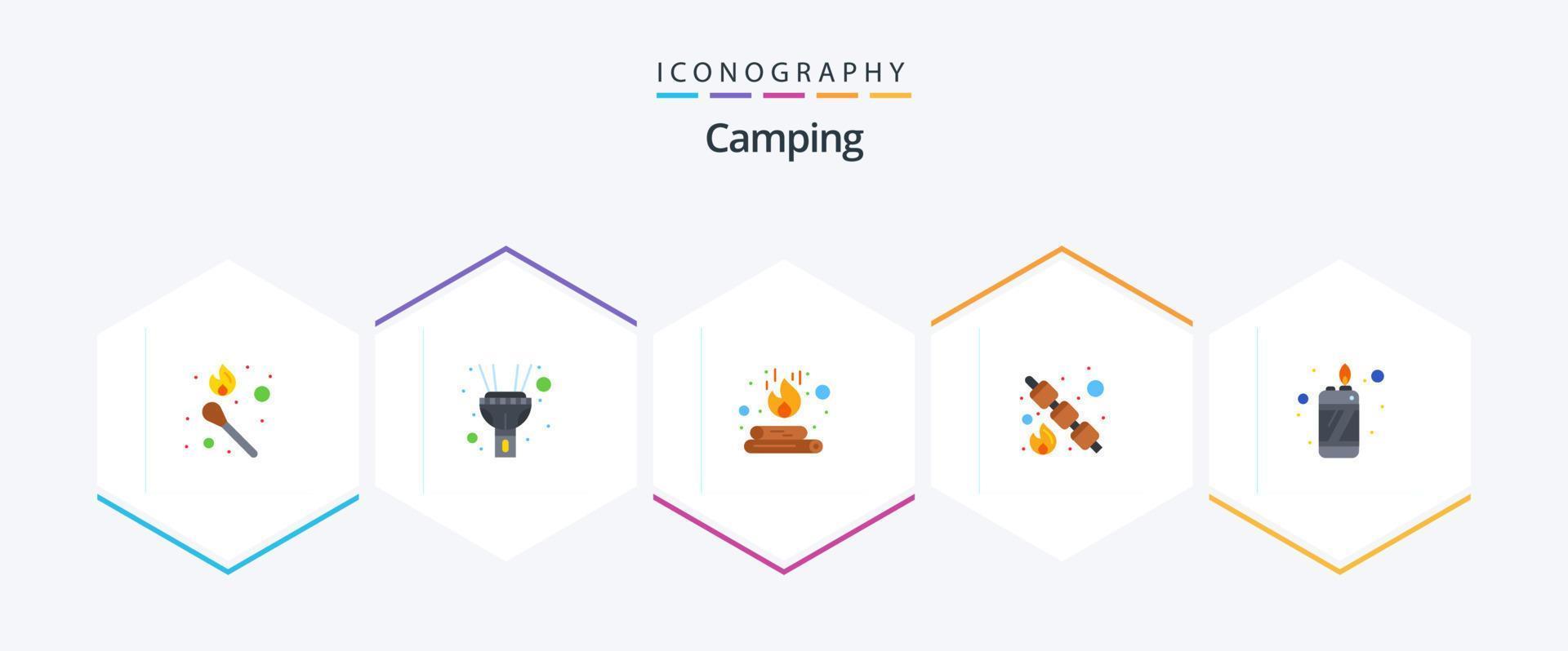 acampamento 25 plano ícone pacote Incluindo isqueiro. fogo. fogueira. doce. piquenique vetor