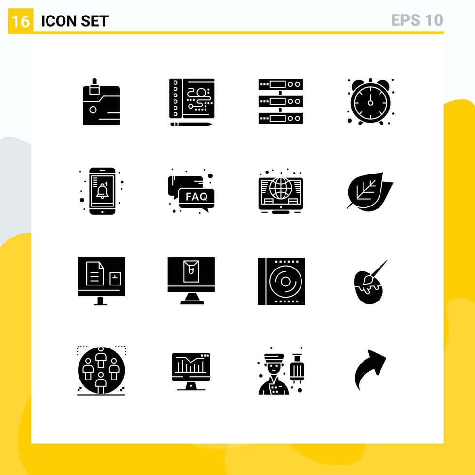 Móvel interface sólido glifo conjunto do 16 pictogramas do lembrete Móvel dados cronômetro eficiência editável vetor Projeto elementos