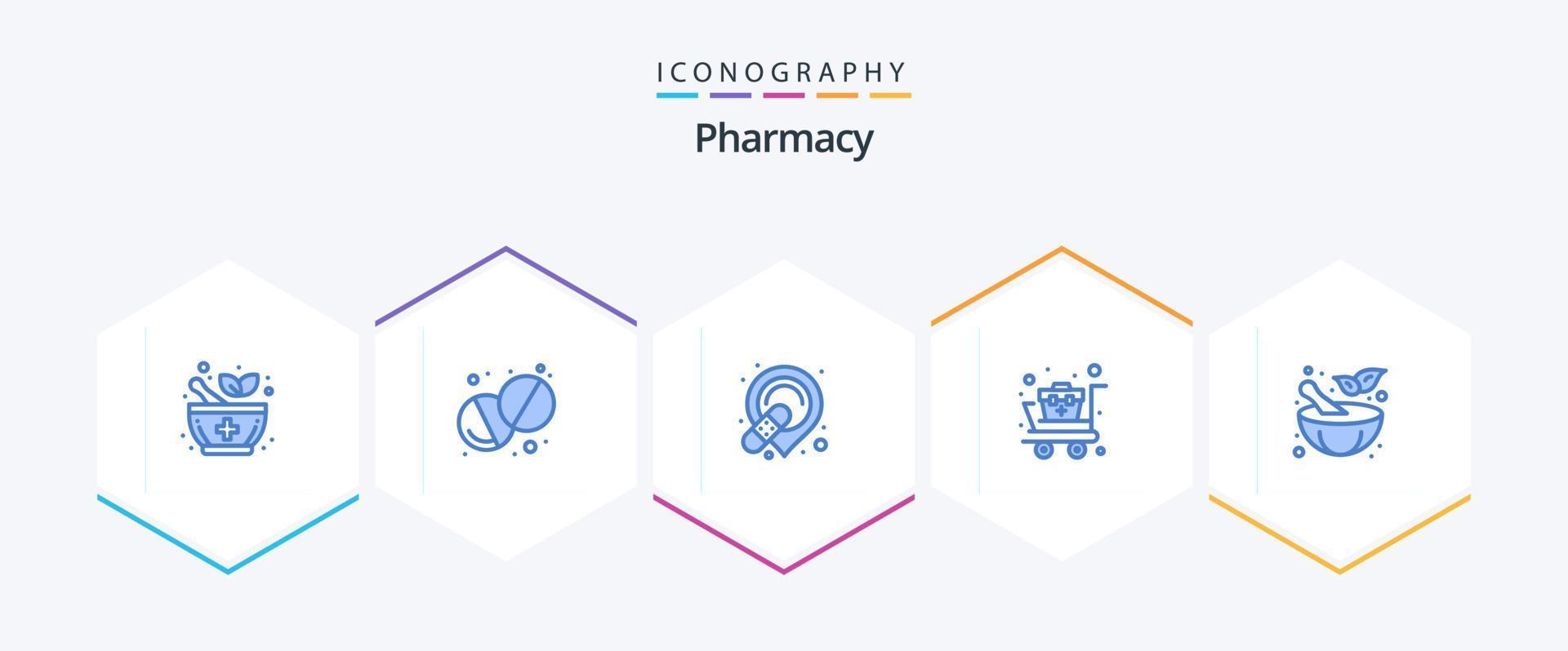 farmacia 25 azul ícone pacote Incluindo . pilão. curativo. argamassa. médico carrinho vetor