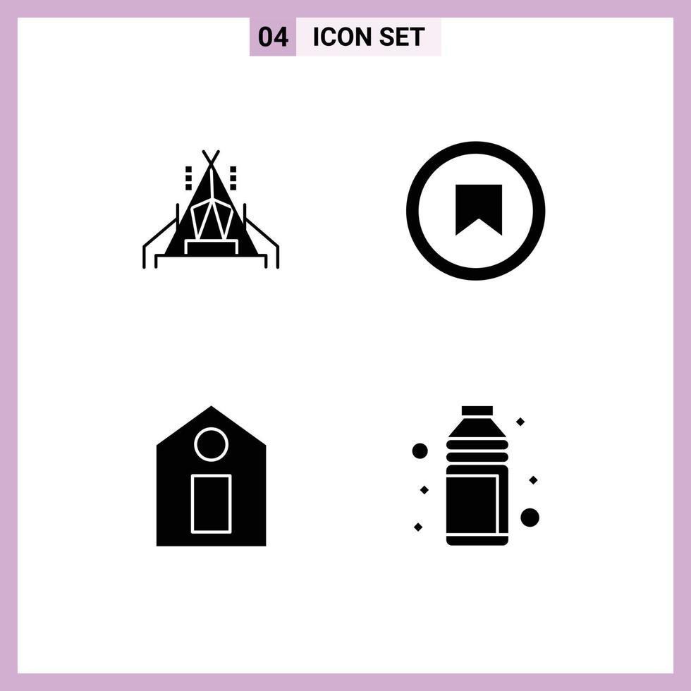4 sólido glifo conceito para sites Móvel e apps acampamento tag interface do utilizador de praia editável vetor Projeto elementos