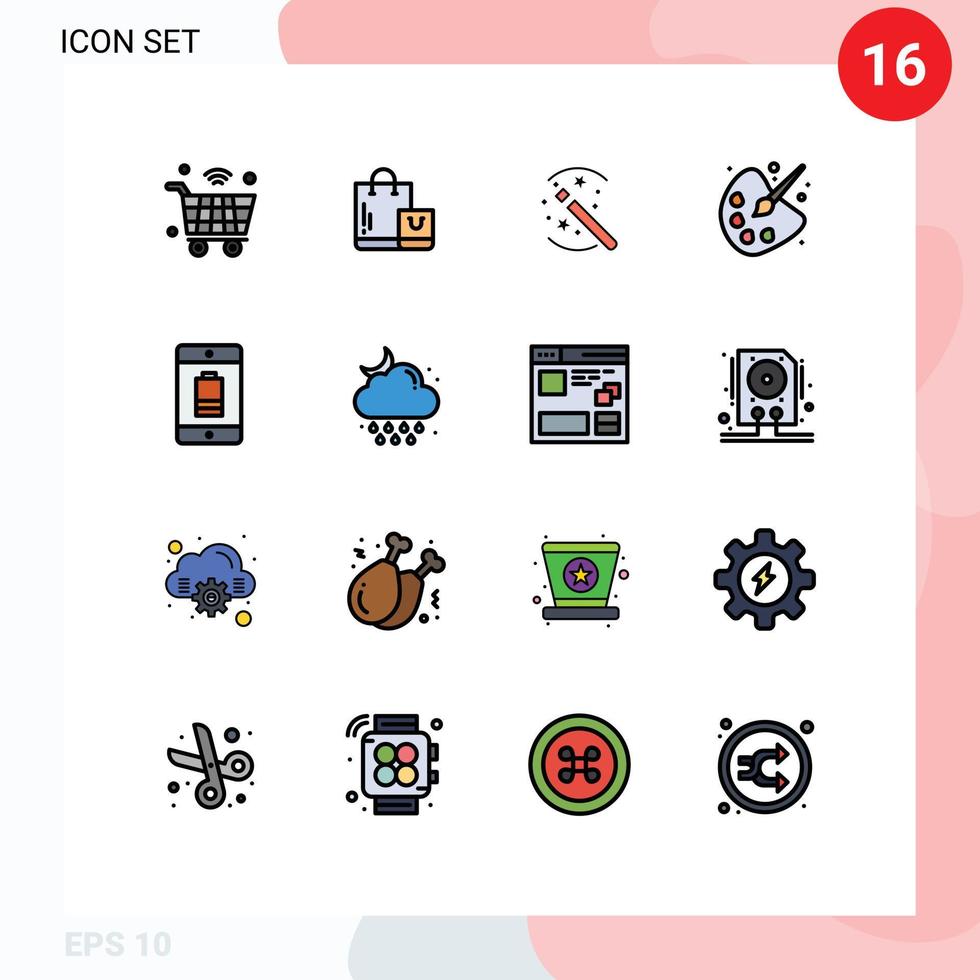 Móvel interface plano cor preenchidas linha conjunto do 16 pictogramas do bateria Educação fazer compras desenhando bastão editável criativo vetor Projeto elementos