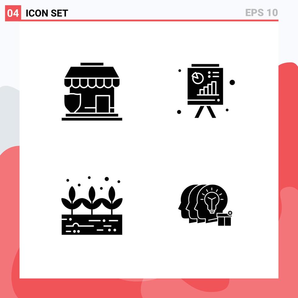 4 sólido glifo conceito para sites Móvel e apps seguro crescimento fazer compras Power Point compartilhar editável vetor Projeto elementos