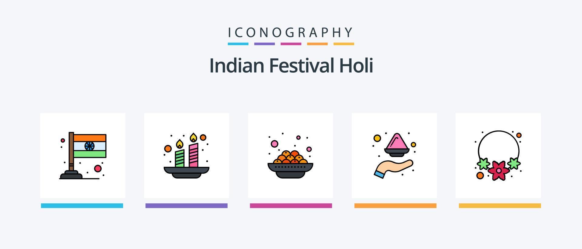 holi linha preenchidas 5 ícone pacote Incluindo cor. Índia. fogo. taj mahal. prédio. criativo ícones Projeto vetor