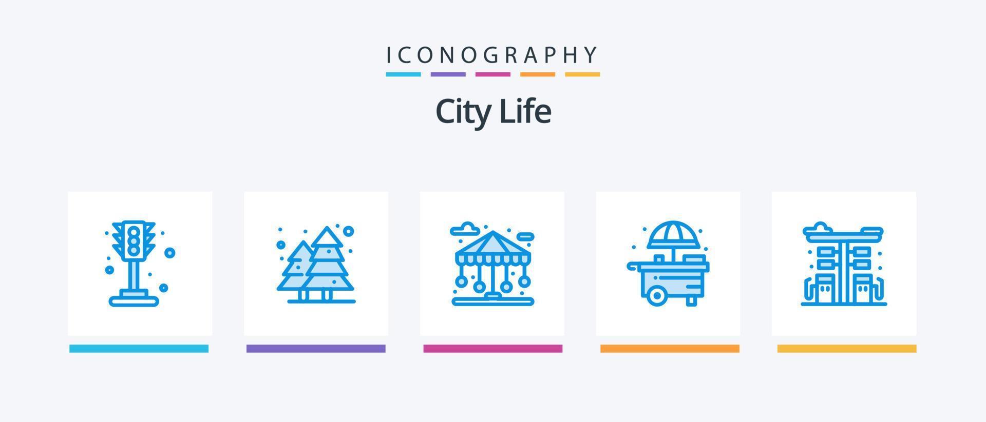 cidade vida azul 5 ícone pacote Incluindo combustível. cidade. prédio. fazer compras. cidade. criativo ícones Projeto vetor