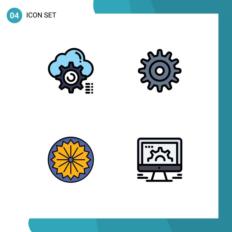 Móvel interface linha preenchida plano cor conjunto do 4 pictogramas do engrenagem bandeira Informática configuração dia editável vetor Projeto elementos
