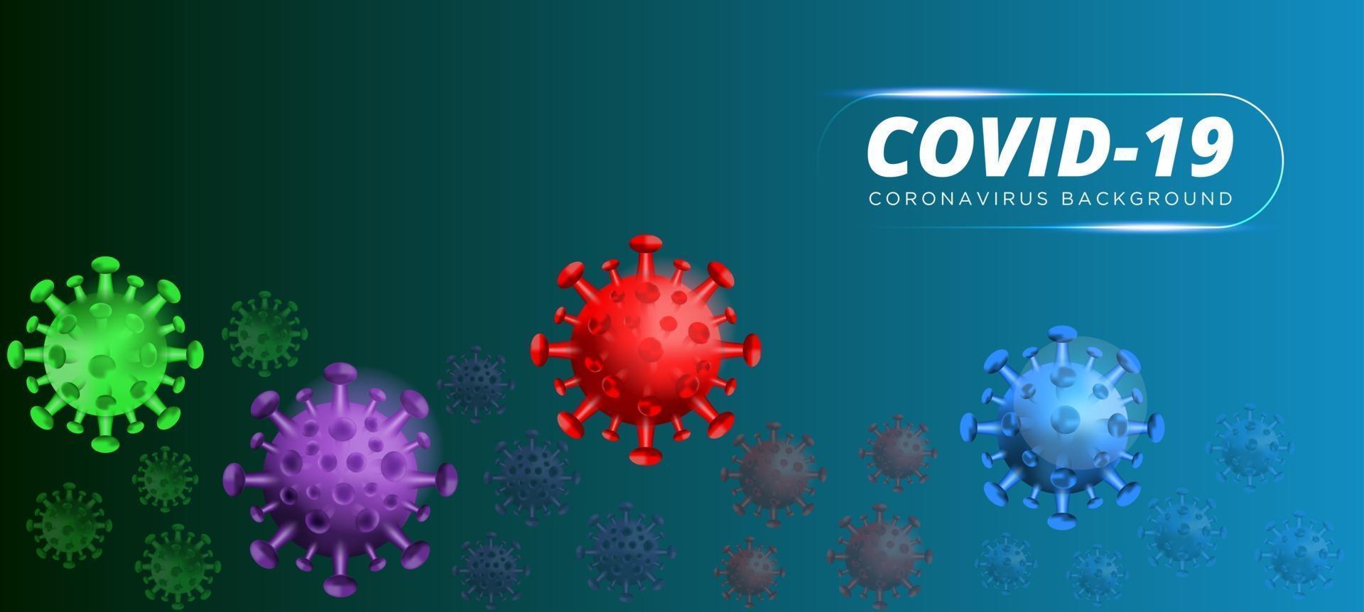 covid19. surto de coronavírus, epidemia de doença viral, renderização em 3d de vírus, ilustração de organismo. fundo azul com células de vírus 3d realistas. Ilustração 3D. vetor