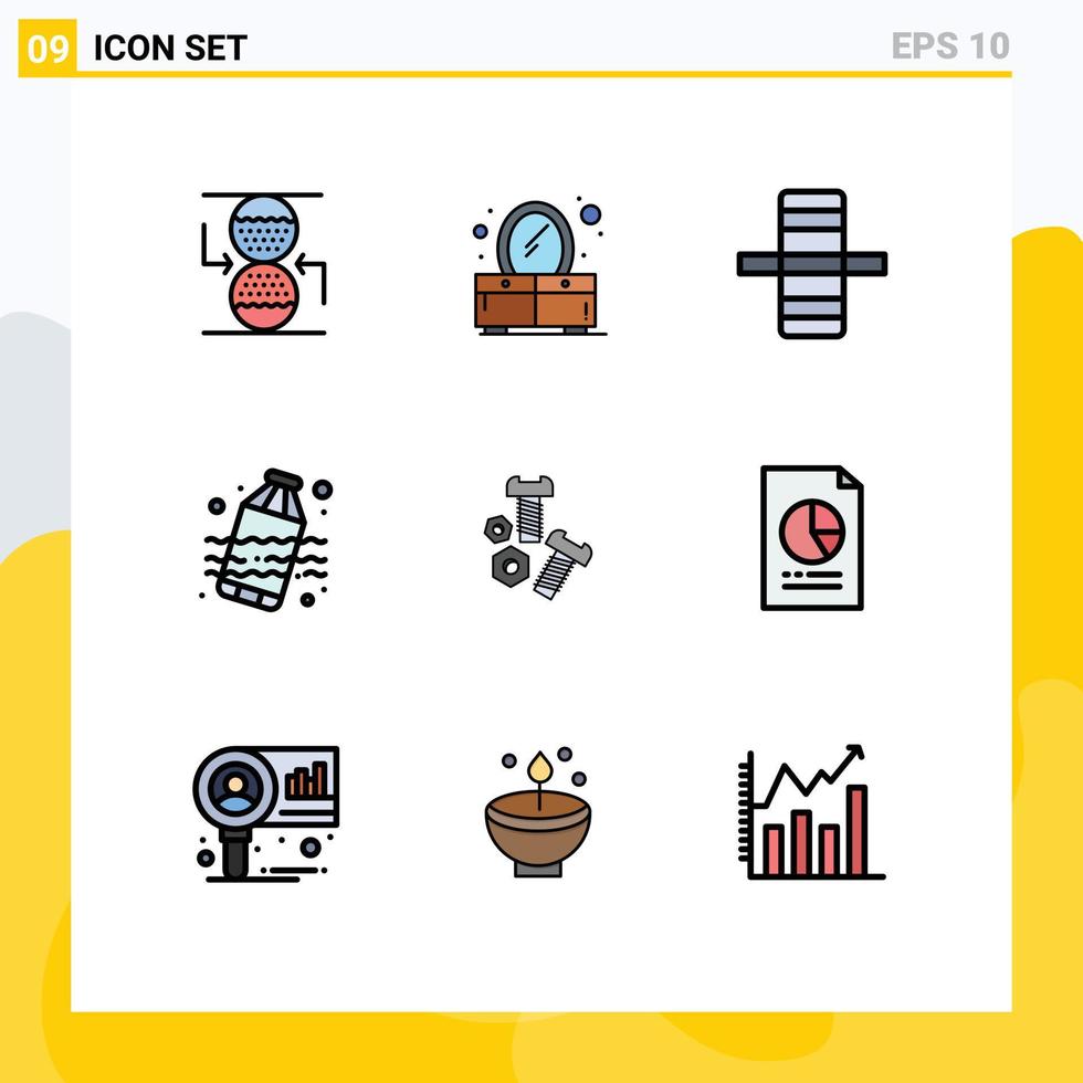 universal ícone símbolos grupo do 9 moderno linha preenchida plano cores do dados parafuso engrenagem noz água editável vetor Projeto elementos
