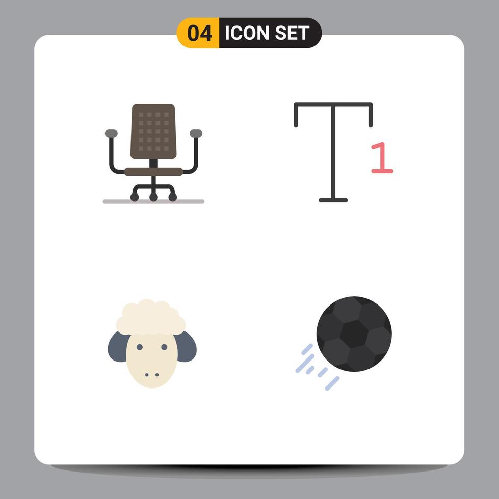 Móvel interface plano ícone conjunto do 4 pictogramas do cadeira futebol Fonte Cordeiro bola editável vetor Projeto elementos