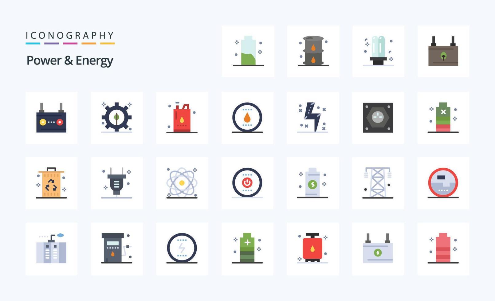 25 poder e energia plano cor ícone pacote vetor