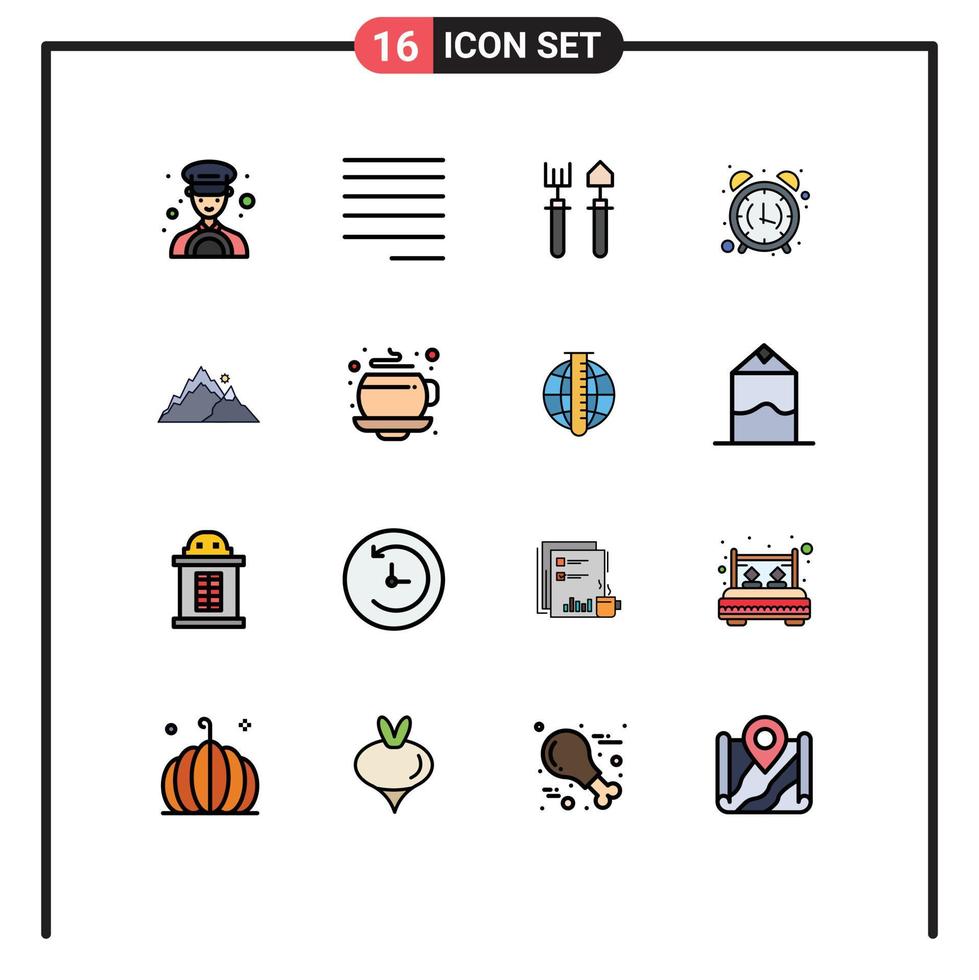 Móvel interface plano cor preenchidas linha conjunto do 16 pictogramas do Colina montanha ancinho escritório relógio editável criativo vetor Projeto elementos