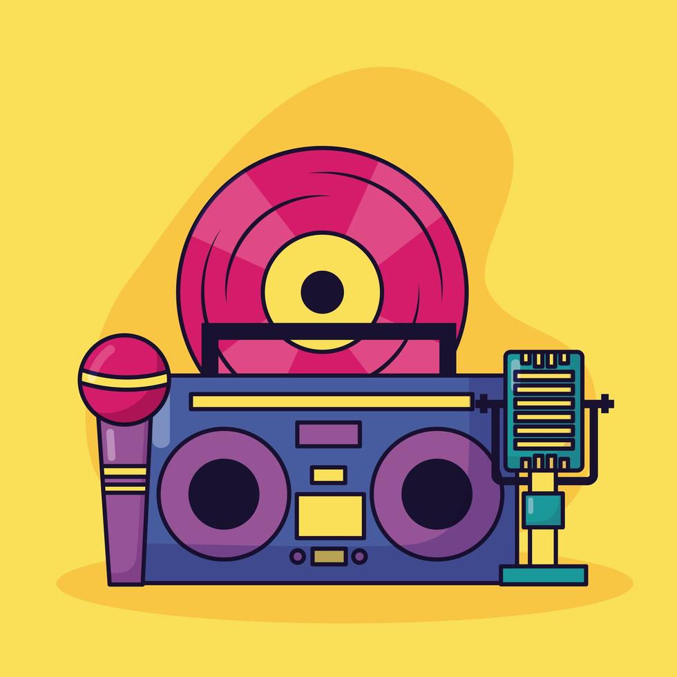 Boombox microfone de vinil música fundo colorido vetor