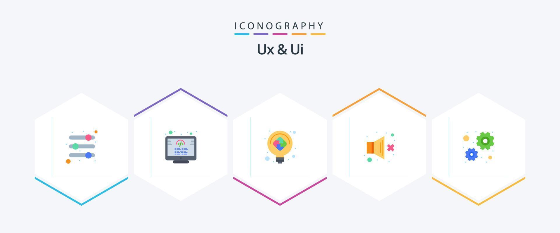 ux e ui 25 plano ícone pacote Incluindo trabalhando. configuração. luz lâmpada. som. som vetor