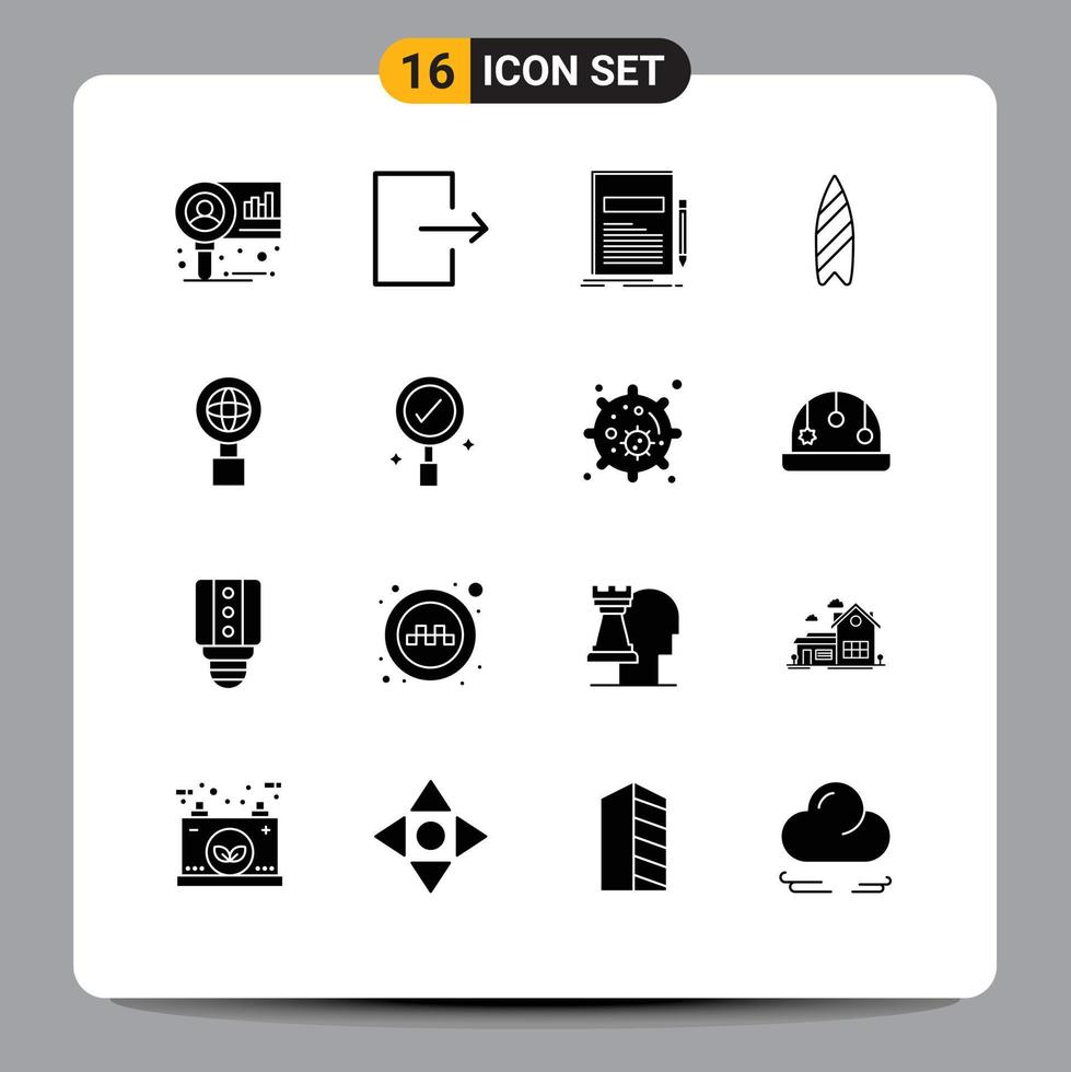 universal ícone símbolos grupo do 16 moderno sólido glifos do Internet surfar documento prancha de surfe lazer editável vetor Projeto elementos